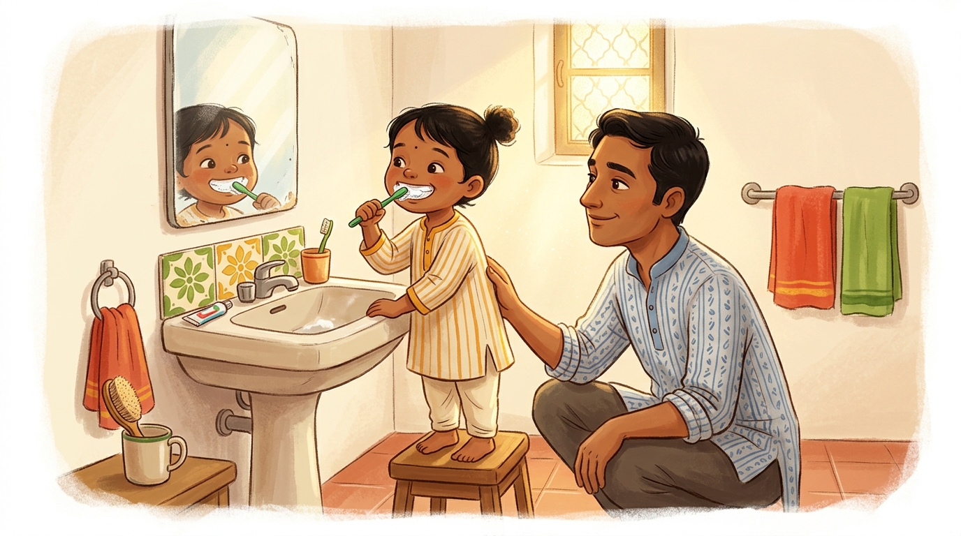 A child proudly brushing their teeth at the sink