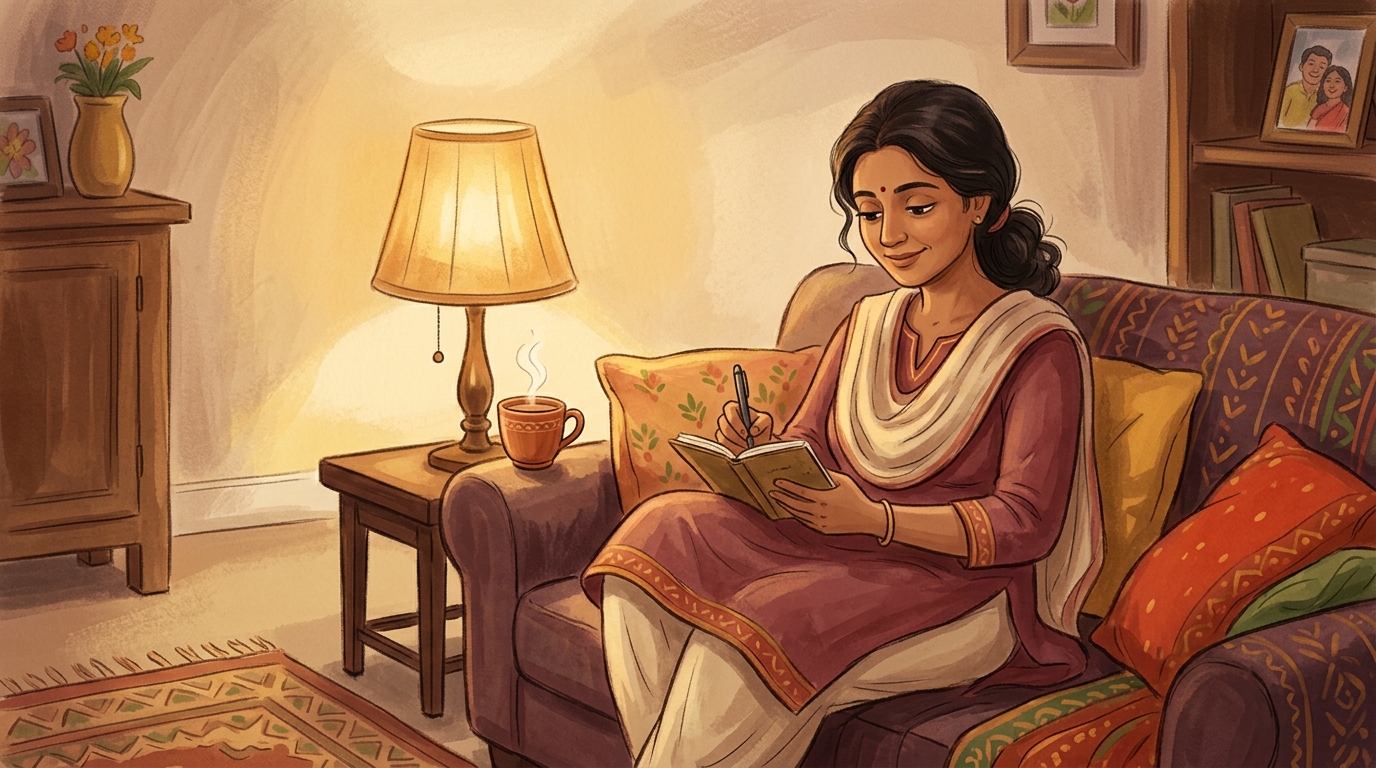 A mother writing in her journal at night