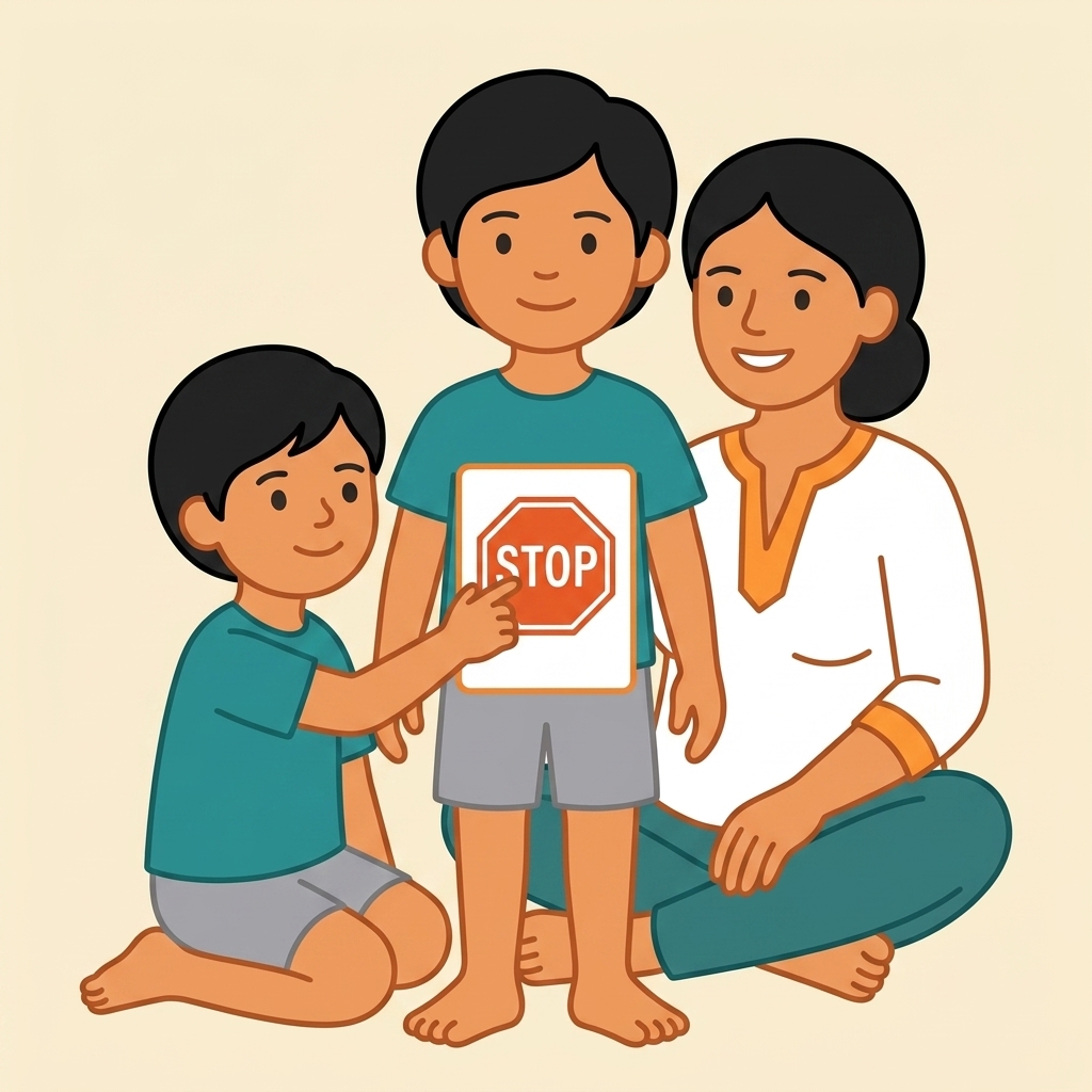 A calm illustration of a child learning at their own pace with a caregiver alongside.