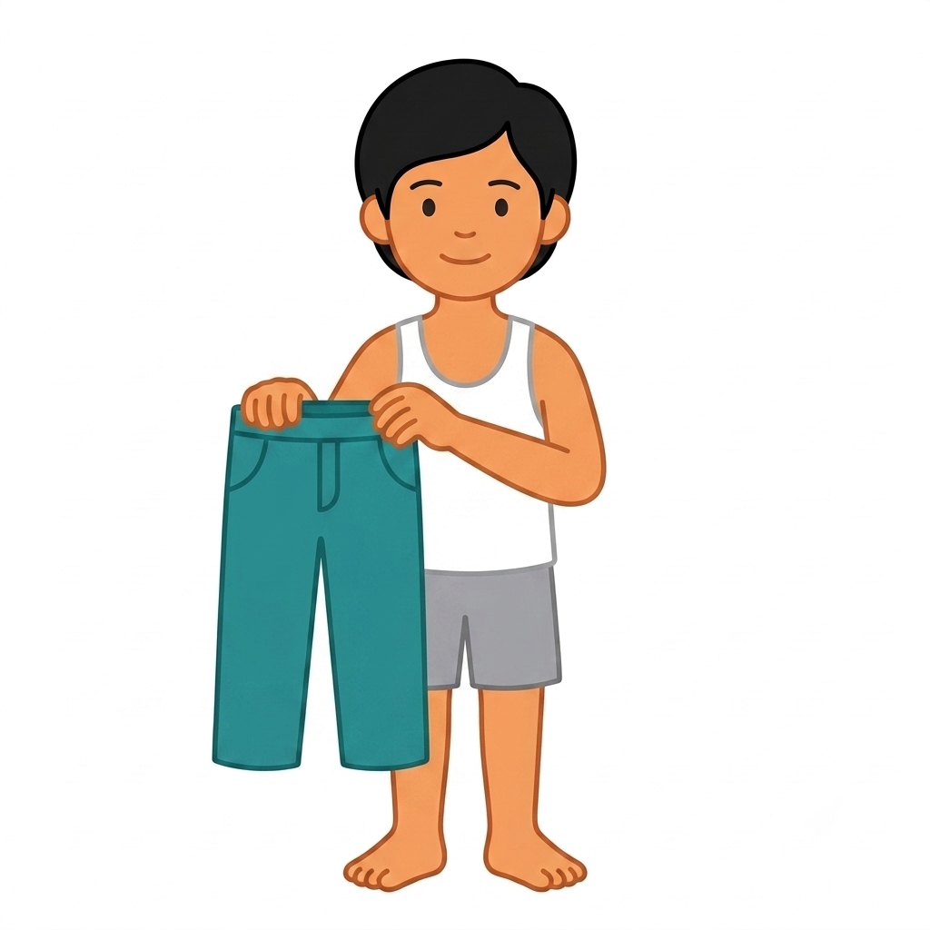 A child picking up a pair of pants to put on