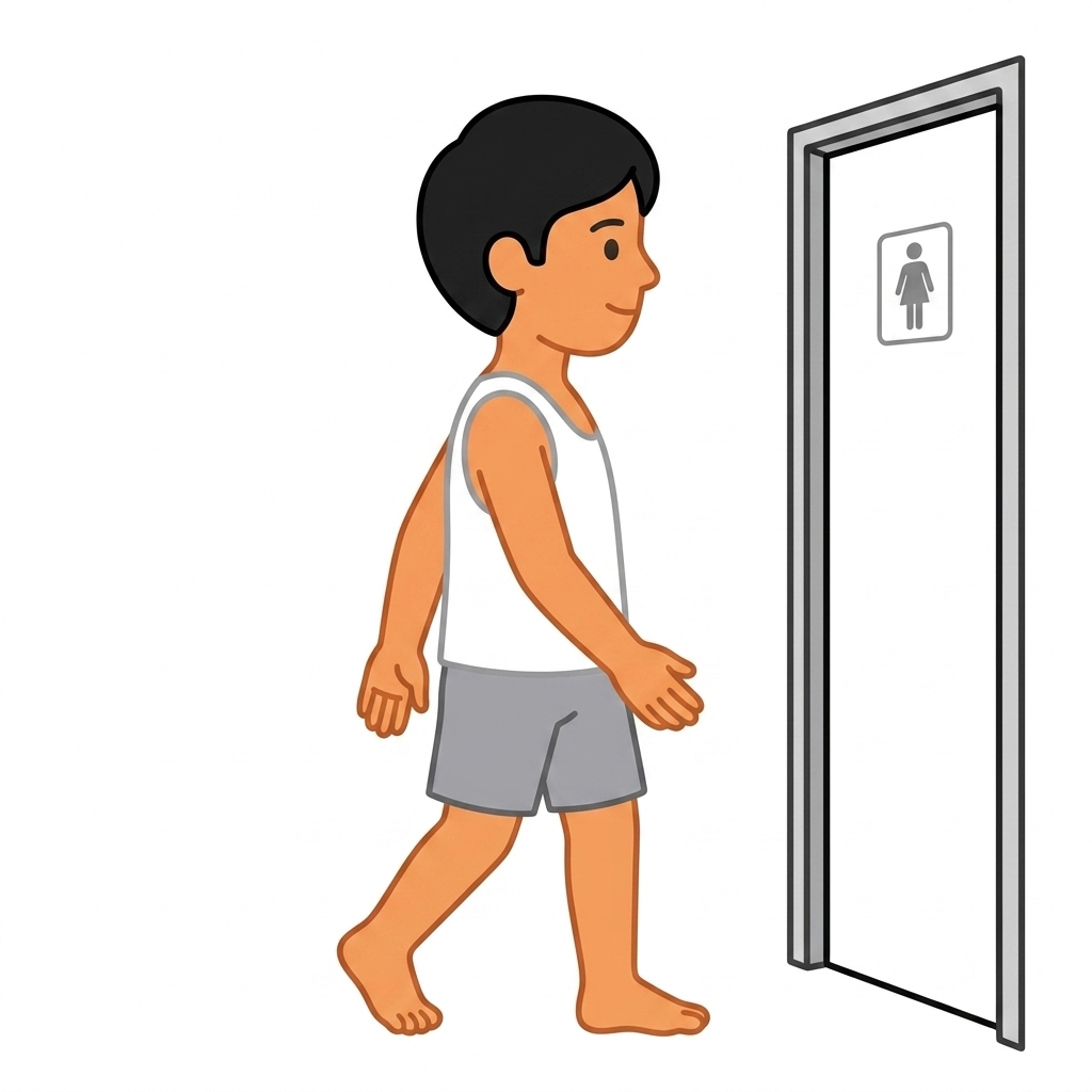 A child walking to the bathroom to use the toilet