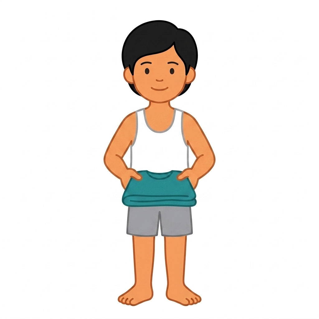A child picking up a t-shirt to put it on